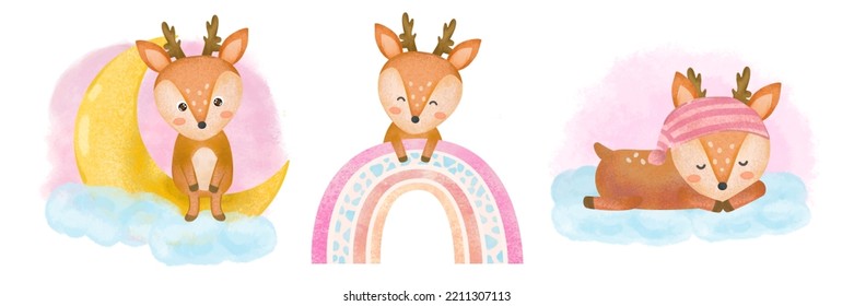 Cute Watercolor Baby Deer, Watercolor Bambi Cartoon, Baby Nursery Deer Set, Baby Animal Set Clip Art, Isolated, Cute Deer Sitting On The Moon, Sitting On The Rainbow, Sleeping On The Cloud