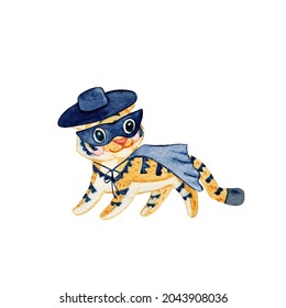 Cute watercolor baby tiger in super hero costume consisting of mask, hat and cloak. Hand drawn illustration