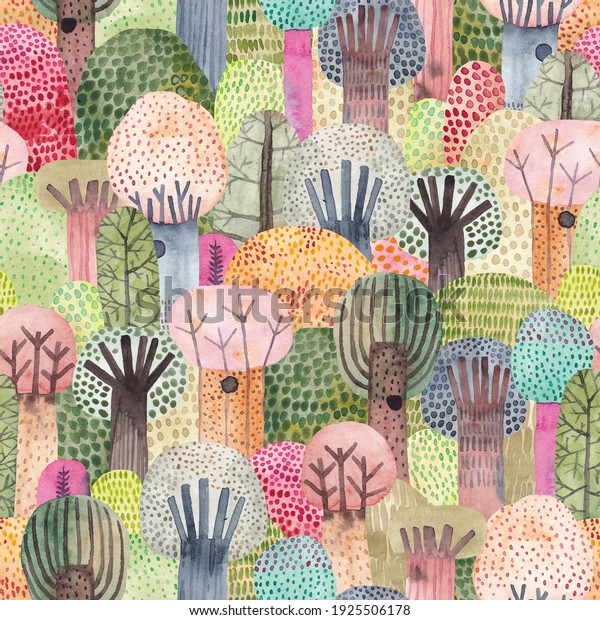 Cute watercolor background. Childish forest seamless pattern. Perfect for fabric, textile, wallpaper, kindergarten.