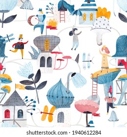 Cute watercolor background. Fantastic world with fairy houses, flowers, midgets. Childish seamless pattern. Childish seamless pattern.