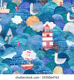 Cute watercolor background with ships, lighthouse, islands, reefs, seagulls and waves. Childish seamless pattern.