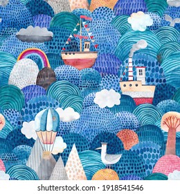 Cute watercolor background with ships, reefs, balloon and clouds. Childish seamless pattern.