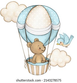 Cute Watercolor Bear On Air Balloon