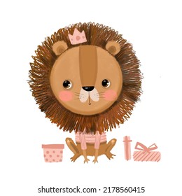 Cute Watercolor Beautiful Little Childish Animal Lion With Present Gift Boxes With Silk Ribbons Happy Birthday Card Print Poster With A Crown Head Dress. African Safari Zoo In Scandinavian Style. 