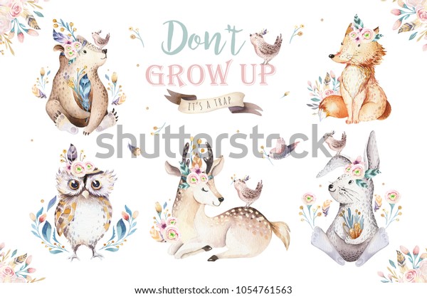かわいい水彩のボヘミア産の赤ちゃん漫画のウサギと 幼稚園 森の鹿