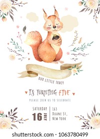 Cute Watercolor Bohemian Baby Squirrel Animal Poster For Nursary, Alphabet Woodland Isolated Forest Decoration Illustration. Baby Shower Animals Invitation