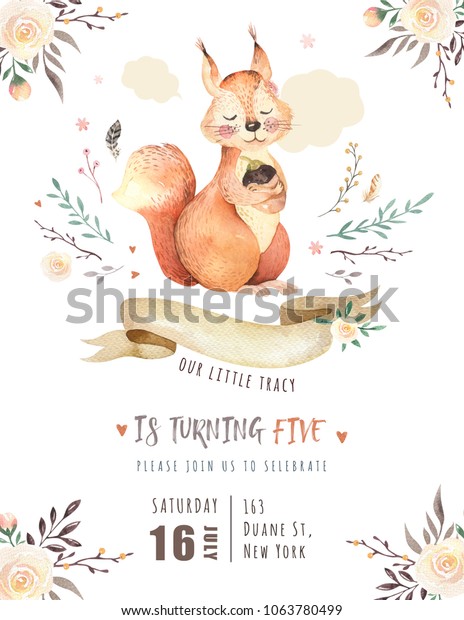保護者用のかわいい水彩のボヘミアンリスベビーリス動物のポスター アルファベットの森の背景に森の装飾イラスト ベビーシャワー動物の招待 のイラスト素材