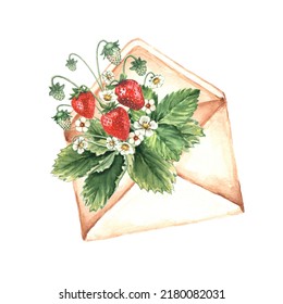 Cute watercolor bouquet of strawberries in an envelope