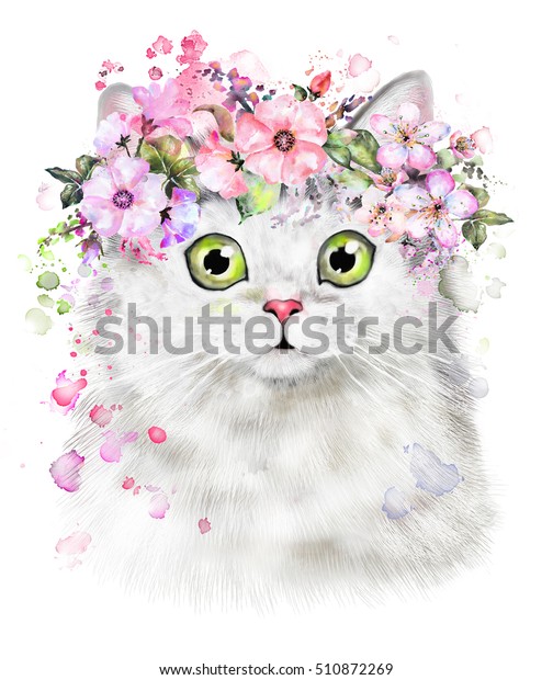 かわいい水彩猫イラスト Tシャツのプリント カード ポスター猫 花の花輪と水しぶき絵の具 分離型 ヒップスター のイラスト素材