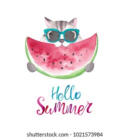 Cute watercolor cat in sunglasses eating watermelon  Hello summer card
