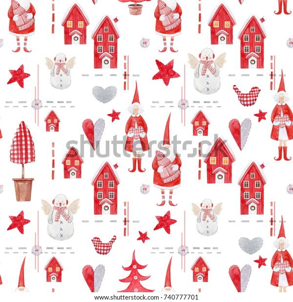 かわいい水彩のクリスマスパターン ティルダ人形のサンタクロースと雪女 スカーフの雪だるま 北欧の赤い家 のイラスト素材