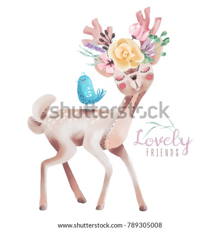 Cute watercolor dreaming deer, fawn with flowers on the horns and little blue baby bird. Lovely friends woodland, forest animals isolated on white