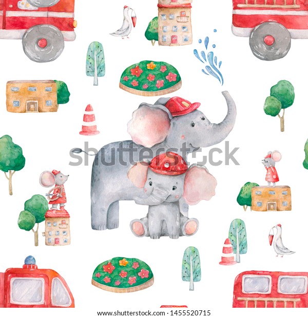 Cute\
watercolor elephant seamless pattern for Baby Shower with mouse and\
fire car. Beauty illustration for kids textile, card. Colorful clip\
art toys. Painting nursery on white\
background