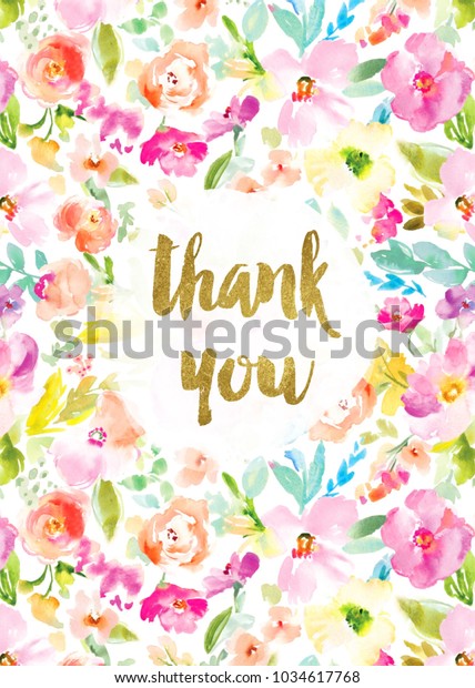 かわいい水彩の花柄感謝カードに春の花と金の文字 のイラスト素材