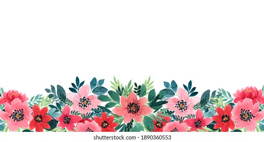 Cute watercolor flower banner. Horizontally arranged blooming pattern - Powered by Shutterstock