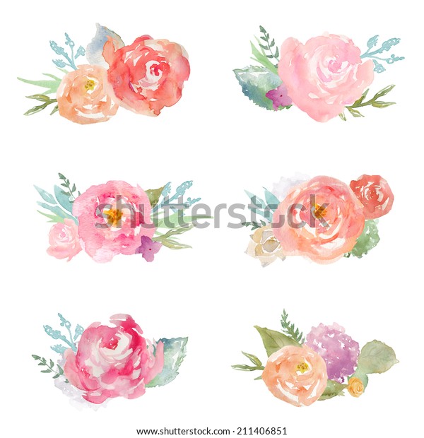 Cute Watercolor Flower Bouquets Clip Art Stock Illustration 211406851