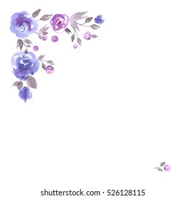 Cute watercolor flower corner. Background with blue roses. Invitation. Wedding card. Birthday card.