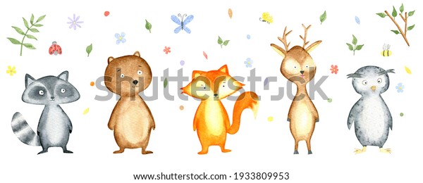 Cute watercolor forest animals. Raccoon, bear,\
fox, deer, owl. Hand drawn cartoon characters for children. Perfect\
for nursery posters, pattern, invitation design, baby shower,\
birthday party\
design.