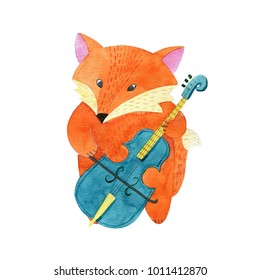 Cute watercolor Fox playing the cello