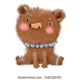 Cute Watercolor Furry Hand Drawn Teddy Bear Toy Smiling Character With A Collar Isolated On White Background. Blushing Pink Cheeks Child Kid Painting