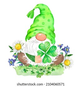 Cute watercolor gnome in a green hat with a leaf of clover, funny gnome, cute gnome, clover for good luck, children's watercolor print 