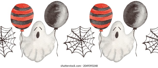 Cute Watercolor Halloween Border With Ghost, Colorful Balloons And Spider Webs On A White Background. Illustration For Decorating Various Festive Products.