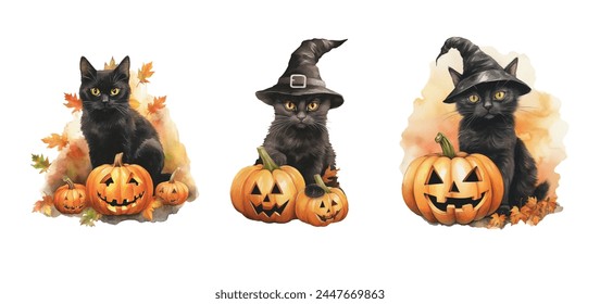 Cute watercolor Halloween collection.Set with black cats,spider web and pumpkins.Perfect for wallpaper,print,stationery, scrapbooking, packaging,party decorations. - Powered by Shutterstock