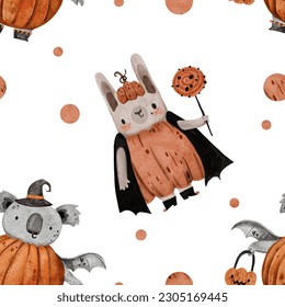 Cute watercolor halloween scary bunny hare koala wings bat character trick treat jack o lantern seamless pattern