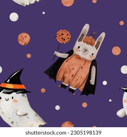 Cute watercolor halloween scary bunny hare character trick treat jack o lantern seamless pattern dark violet purple backdrop wrapping paper 