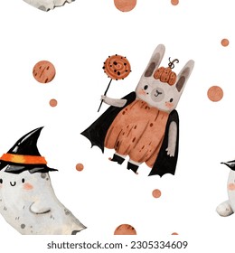 Cute watercolor halloween scary bunny hare ghost retro hand drawn character trick treat jack o lantern seamless pattern wrapping paper  design 