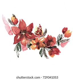 Cute Watercolor Hand Painted Autumn Flowers. Invitation. Wedding Card. Birthday Card