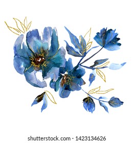 Cute watercolor hand painted blue flowers with golden leaf. Invitation. Wedding card. Birthday card.