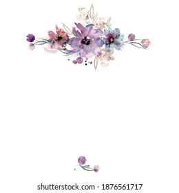 Frische Aquarellfarben, handgemalte Ränder mit violetten Blumen. Einladung. Hochzeitskarte. Geburtskarte.