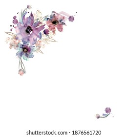 Frische Aquarellfarben, handgemalte Blumenrahmen. Ecke mit violetten Blumen. Einladung. Hochzeitskarte. Geburtskarte.