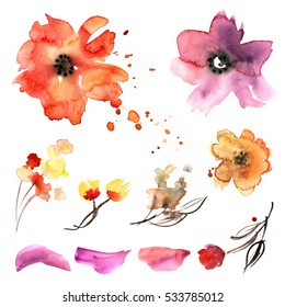 Cute watercolor hand painted flower elements for invitation, wedding card, birthday card.