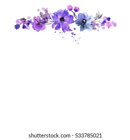 Cute watercolor hand painted flower frame. Invitation. Wedding card. Birthday card.
