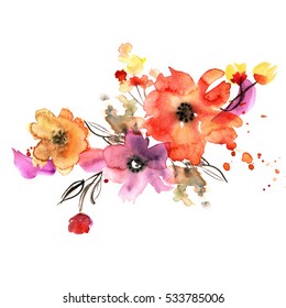 Cute watercolor hand painted flowers. Invitation. Wedding card. Birthday card.