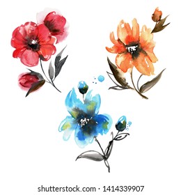 Cute watercolor hand painted red, blue and orange flowers. Elements for design
of invitations, greeting cards
