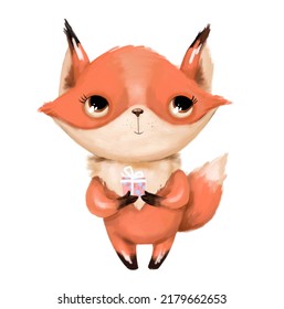 Cute Watercolor Happy Fox Character And Drawn Clipart Illustration Holding A Present Gift Box For Newborn Nursery Birthday Party.