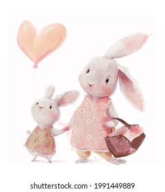 cute watercolor hares - mom and daughter with balloon