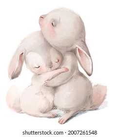 cute watercolor hares - mom and her daughter