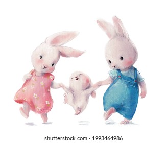 cute watercolor hares - young family