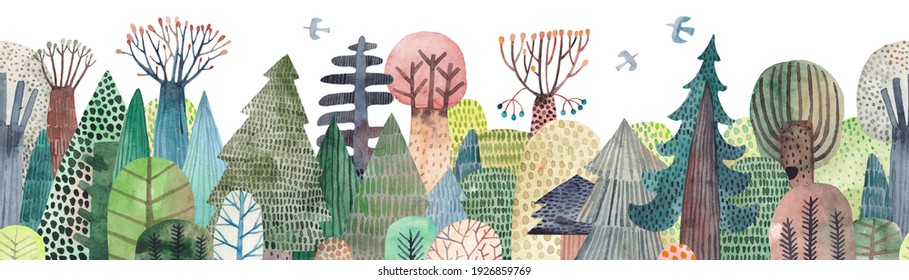 Cute Watercolor Illustration. Abstract Forest. Wildlife. Forest View. Horizontal Repeating Border.