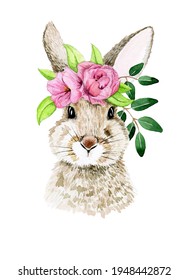 cute watercolor illustration with easter bunny. realistic drawing of a rabbit, hare with spring flowers. symbol of Easter, spring. cute drawing for kids. decoration for postcards, clip art