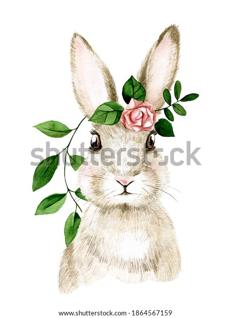 イースターバニーとかわいい水彩イラスト 春の花を持つウサギの写実的な絵 復活祭のシンボル 春 子ども向けのかわいい絵 はがき クリップアートの装飾 のイラスト素材