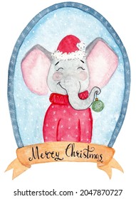 Cute watercolor illustration, elephant in a red sweater and santa hat with a green christmas ball in its trunk. Card, poster, christmas greetings with simple lettering on a white background