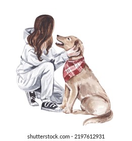 Cute Watercolor Illustration. A Girl Plays With A Labrador Puppy. Guide Dog. Veterinary Clinic.