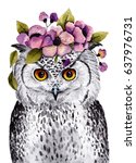 Cute watercolor illustration. Little owl with wreath of flowers on head. Pretty nursery prints