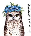 Cute watercolor illustration. Little owl with wreath of flowers on head. Pretty nursery prints