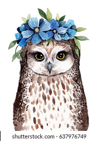 Cute watercolor illustration  Little owl and wreath flowers head  Pretty nursery prints